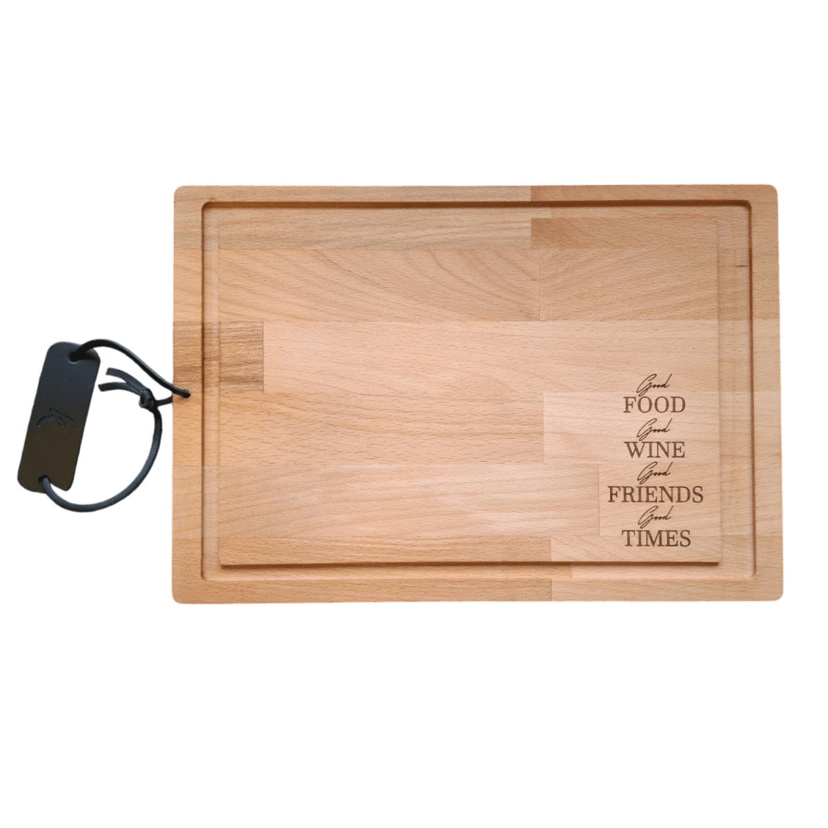 Borrelplank "Good Food, Good Wine, Good Friends, Good Times" - Laserboertje