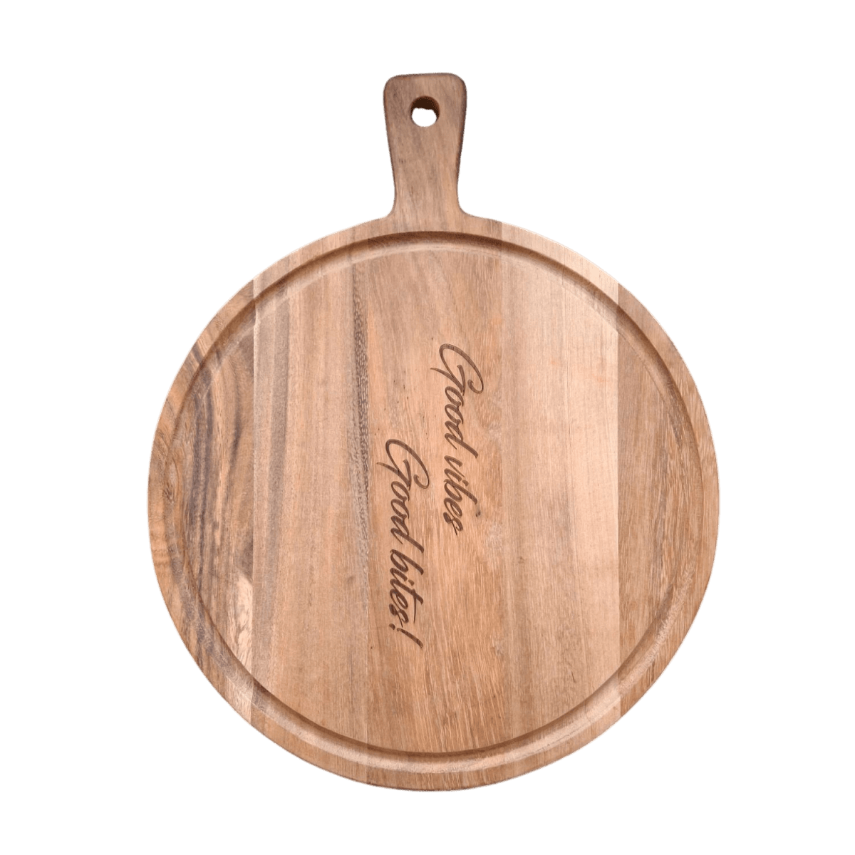 Ronde borrelplank teakhout – "Good vibes, Good bites" - Laserboertje