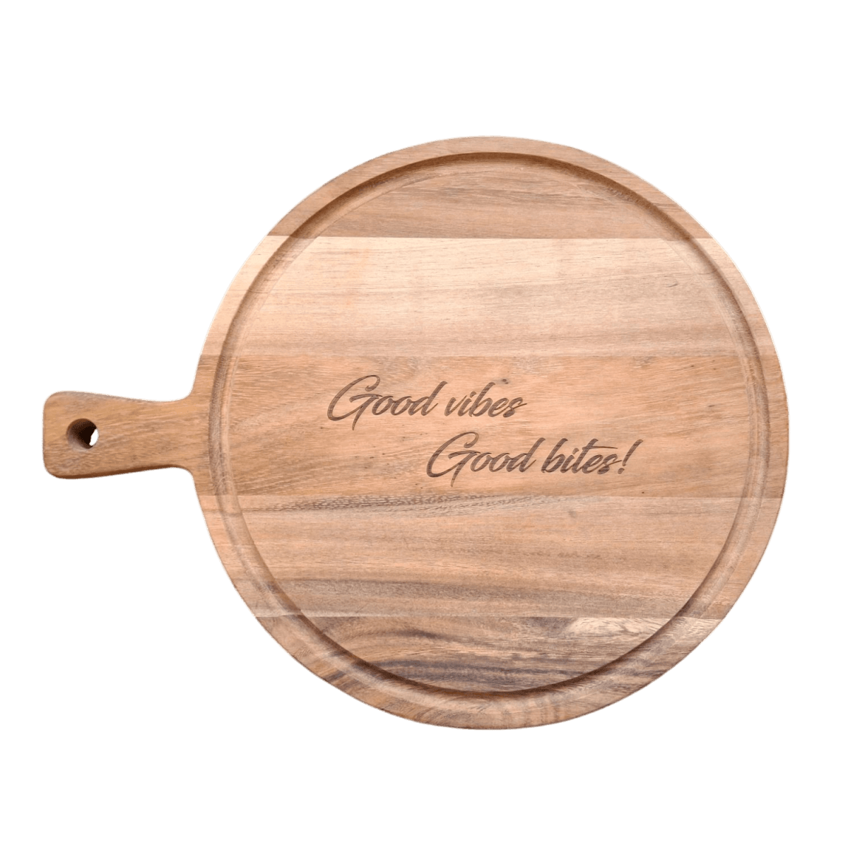 Ronde borrelplank teakhout – "Good vibes, Good bites" - Laserboertje