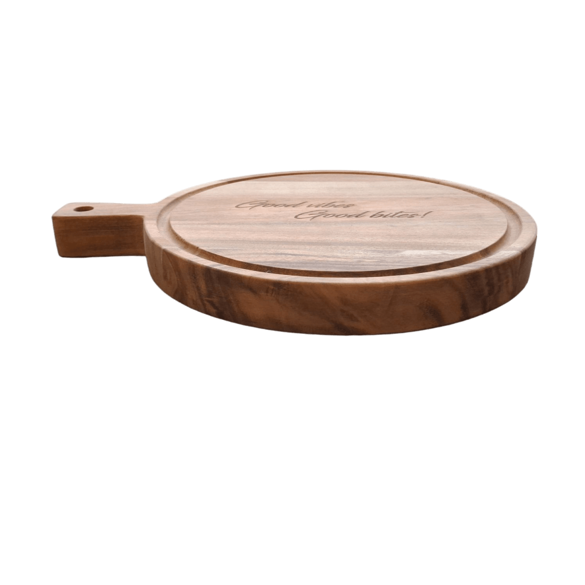 Ronde borrelplank teakhout – "Good vibes, Good bites" - Laserboertje